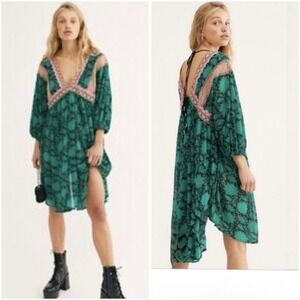 Free People Moon Child Maxi Tunic Top Dress XS Green Embroidered Crochet Boho